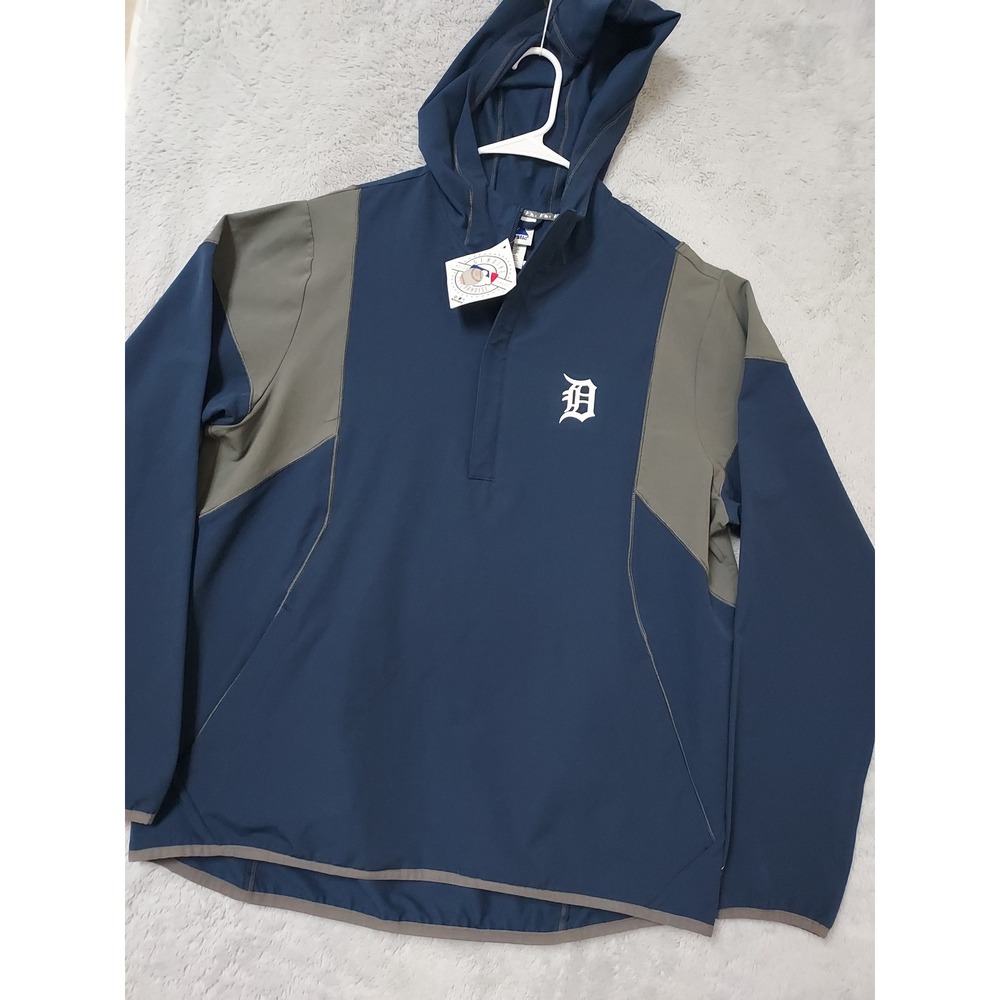 Detroit Tigers Jacket Mens Large Majestic Hooded MLB Pullover Navy Gray Baseball